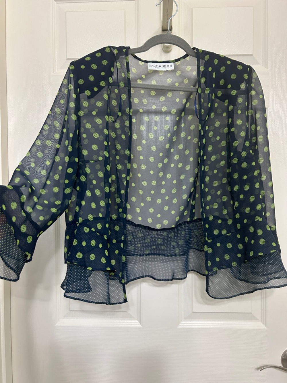 Sag Harbor Navy Sheer Polka Dot Open Cardigan with Lime Dots or Pickleballs M-L